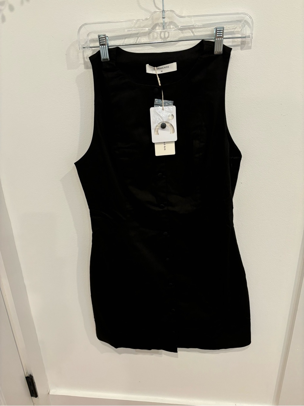Commense NEW Black Faux Button Front Mini Dress Sleeveless Cotton Womens M - Picture 8 of 15